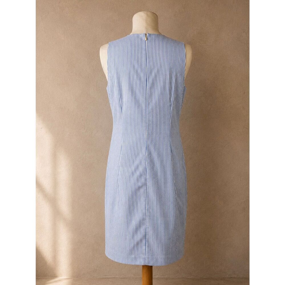 London Times Sz 8 Blue White Seersucker Lace Shift Dress Sleeveless Sheath - Picture 5 of 11